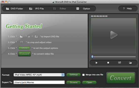 Screenshot of Brorsoft DVD to iPod Converter for Mac